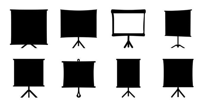 Flat pack tripod display stands with screens - Eight minimalist tripod stands holding blank screens in a clean, organized grid layout.