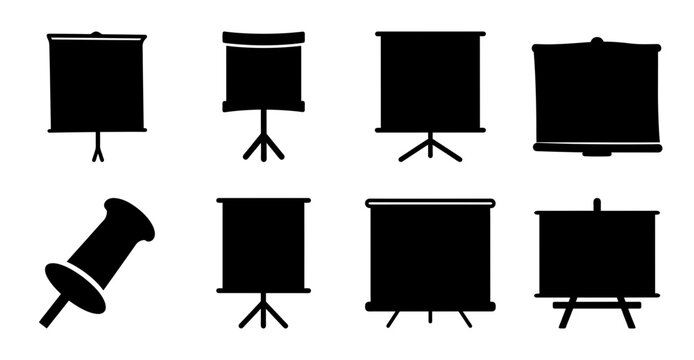 Black projector screen and tripod icon set - Minimalist icons of projector screens and tripods in black, ideal for presentations and tech illustrations.