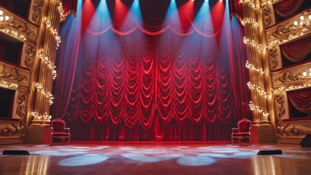 Theater stage with red curtains and ornate decor