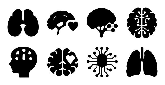 Black medical organs and brain icons set - Minimalist black icons of lungs, brain, heart, and other human organs for medical or health-related designs.