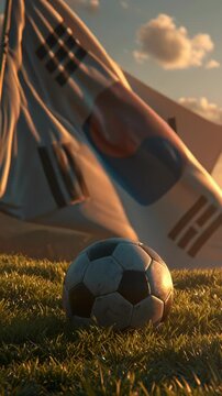 Soccer ball on grass field with South Korean flags waving in the background during sunset.