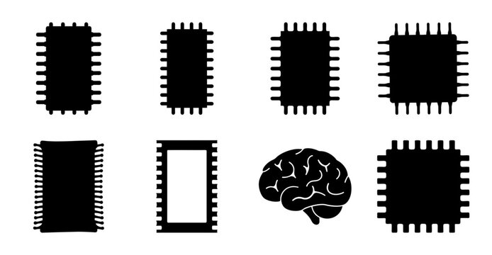 Black microchip and brain icon set - Minimalist vector icons of microchips and a brain symbol in solid black style for tech and medical concepts.
