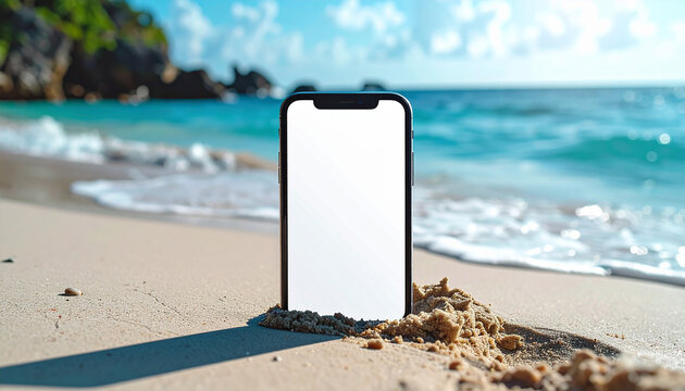 Mobile phone mockup on tropical beach, blurred sea, holiday internet concept, blank white screen, gentle ocean waves, travel and vacation. Close-up.