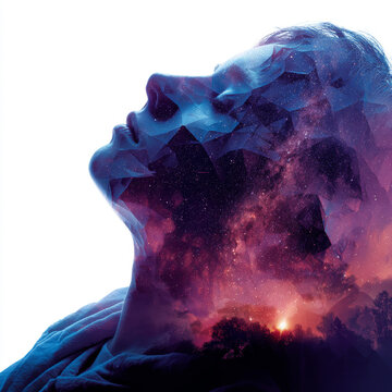 Conceptual double exposure of sleeping person and cosmic geometric night sky