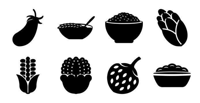 Black and white food icons set - Minimalist black and white icons depicting various foods and ingredients in a clean style for stock use.
