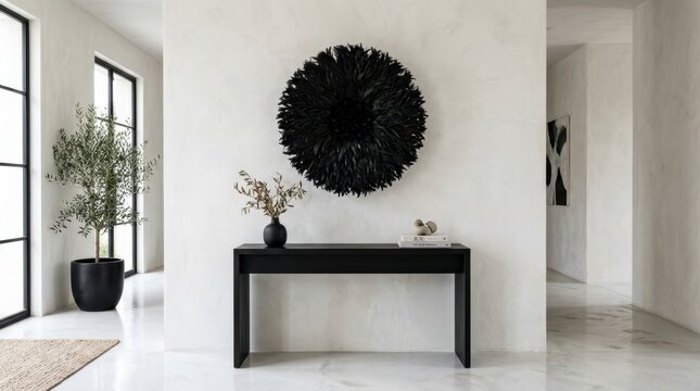 Elegant entryway with black feather wall art and modern console table