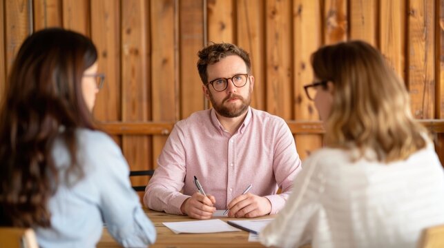 Team of colleagues in a business meeting intently discussing project plans and data while seated at a wooden table with documents and pens fostering collabo n and strategic thinking