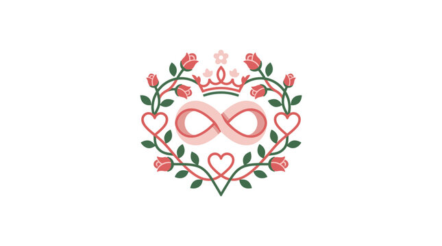 Elegant Minimalist Flat Design Valentine Day Logo Icon Featuring Delicate Rose Vine Encircled Heart Crest Symbolizing Love Romance and Affection Perfect for Holiday Greetings Cards Invitatio