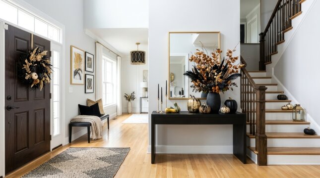 Elegant entryway decorated for fall with pumpkins, dried florals, and a festive wreath