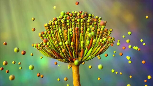 Aspergillus fungal structures, 3D animation showing slowly rotating hyphae and conidia, illustrating opportunistic mould associated with respiratory infections.