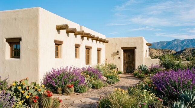 Southwestern adobe house with colorful desert garden and mountain backdrop