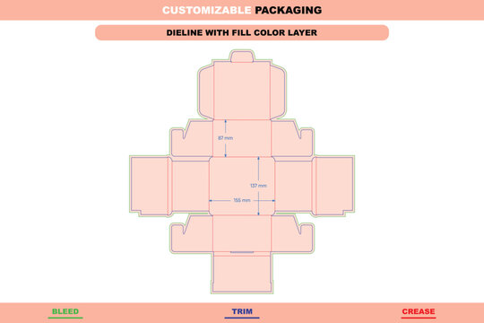 Buckle lock bottom carton mailer box dieline template with dimensions, featuring green bleed, blue trim, and red crease lines on a light pink fill