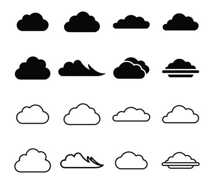 Minimalist cloud silhouettes and filled glyph and outline styles. black cloud shapes icon set and computing, storage and weather UI. vector illustration. 