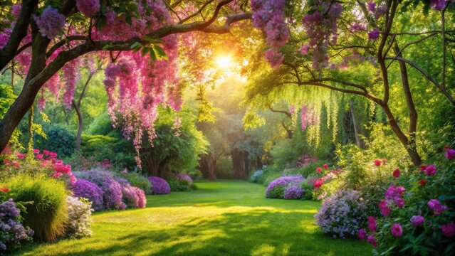 A sunlit garden path winds through a vibrant landscape of flowering trees and lush greenery, creating a serene and idyllic springtime scene.