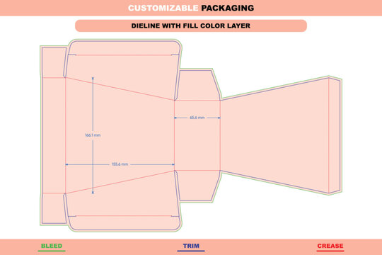 Customizable packaging dieline template with fill color layer, featuring bleed, trim, and crease lines with precise millimeter measurements for box assembly