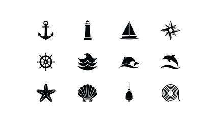 Obraz premium Nautical symbols anchor lighthouse sailboat compass wave dolphin starfish seashell.