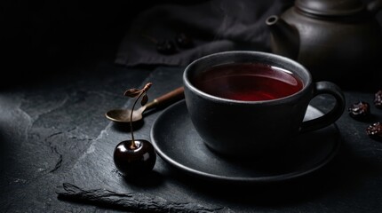 Steaming cup of dark cherry tea with fresh fruit and a teapot
