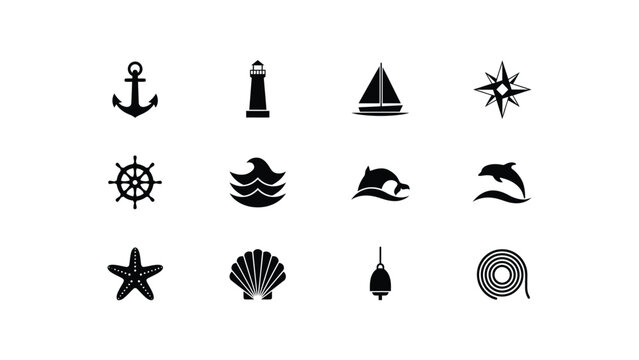 Nautical symbols anchor lighthouse sailboat compass wave dolphin starfish seashell.