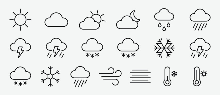 Modern black weather forecast outline icon collection with including sun, cloud, rain and snow. thin line weather condition icon set and web and mobile UI. vector illustration. 