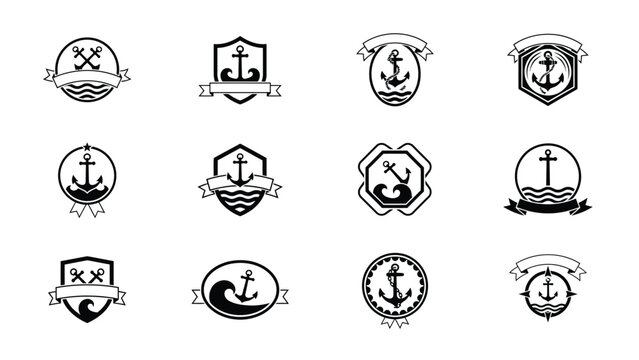 Nautical emblems with anchors and ribbons for maritime and sailing themes.
