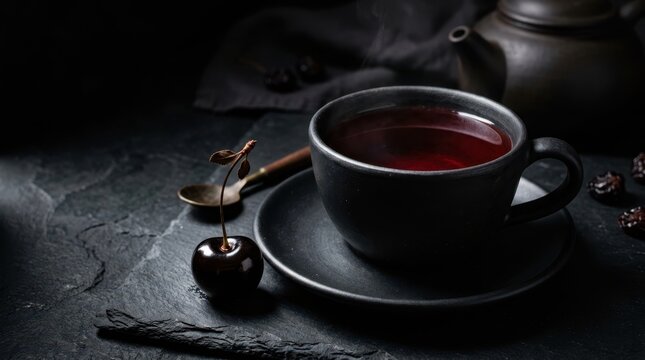 Steaming cup of dark cherry tea with fresh fruit and a teapot