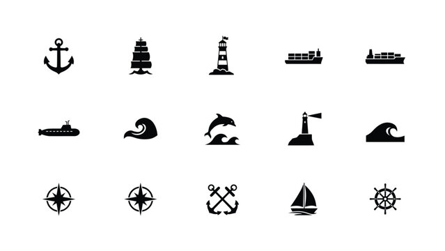 Nautical symbols anchor ship lighthouse cargo ship submarine wave dolphin compass.