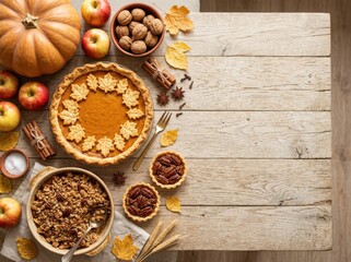 Fototapeta premium Abundant Autumn Harvest Feast Featuring Pumpkin Pie and Seasonal Desserts on a Rustic Wooden Table