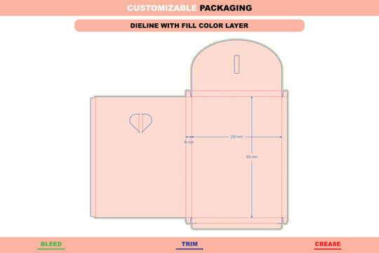 Dieline template for rectangular packaging box with heart cutout, featuring bleed, trim, and crease lines with dimension annotations in millimeters