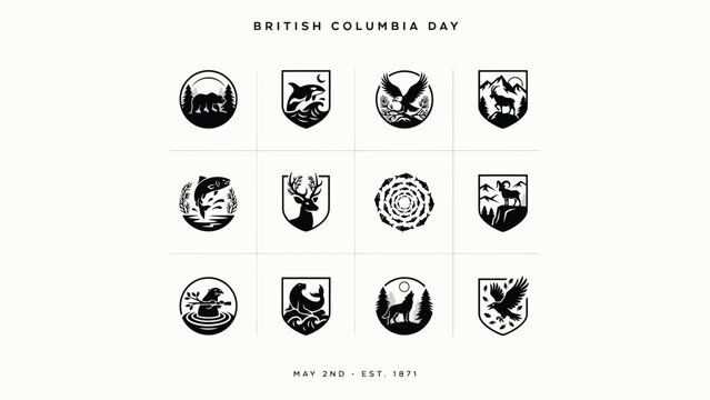 British columbia day collection of twelve nature and wildlife shield and circle emblems.