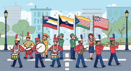 Colorful parade scene with marching band © Tia
