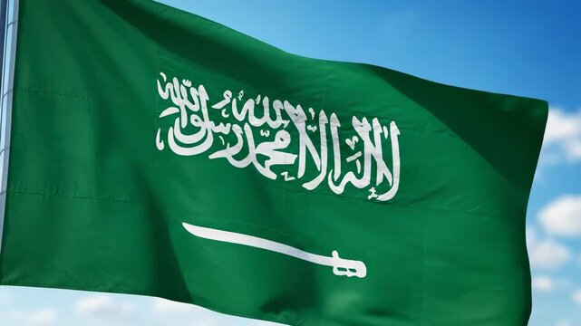 Saudi arabia flag waving in slow pan large close-up, blue sky with clouds, deep green field with white arabic shahada calligraphy inscription, horizontal sword beneath, silky fabric rippling dynamical