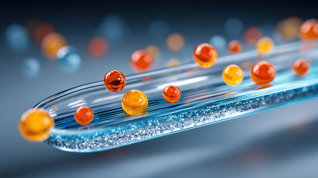 Bio tech innovation concept with colorful orange and yellow spheres floating above glass test tube filled with liquid