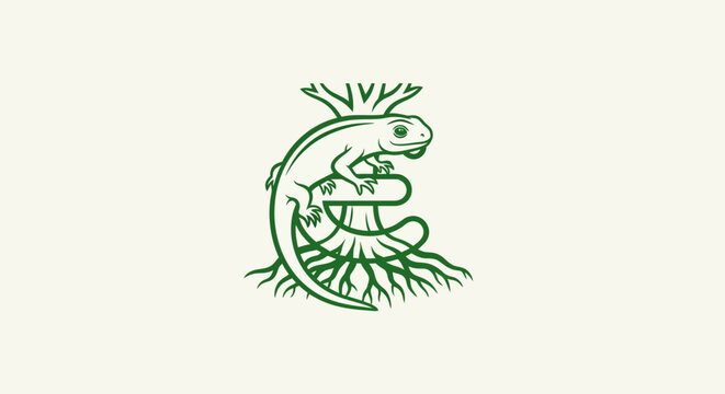 Artistic Green Lizard Illustration with Curved Tail Design.