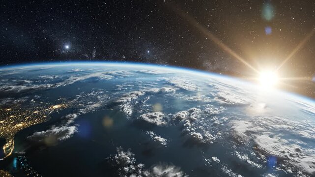 Earth from space with sun rising