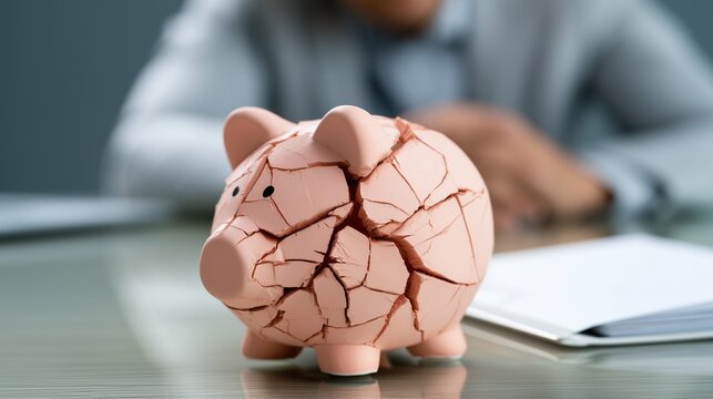 Cracked piggy bank on desk with blurred person and documents, symbolizing financial distress and need for bankruptcy lawyer assistance.