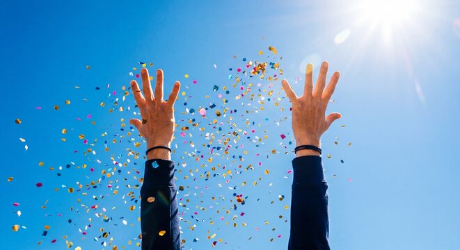 hands throwing colorful confetti in the air against a bright blue sunny sky