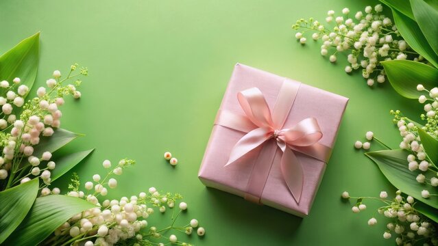 A delicate pink gift box tied with a satin ribbon, adorned by lush green leaves and clusters of pristine white blossoms, rests on a vibrant green background.