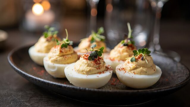 Gourmet deviled eggs with paprika and microgreens on a dark plate