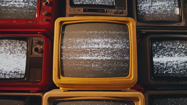 Array of vintage televisions with static