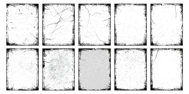 Set of ten vintage rectangular photo frames with grunge distressed borders and scratched textures