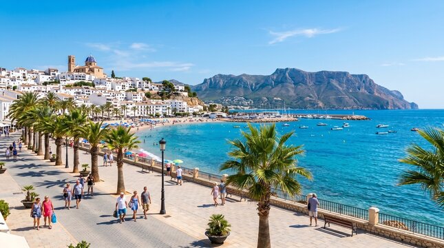 Altea town embankment promenade with palm trees on Costa Blanca coast, coastline Altea bay Mediterranean Sea with azure water, mountain range on horizon in sunny summer day, Alicante province, Spain