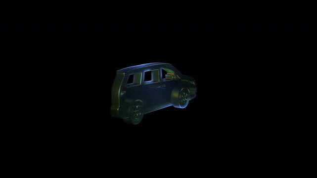 Holographic green minivan rotating in the dark