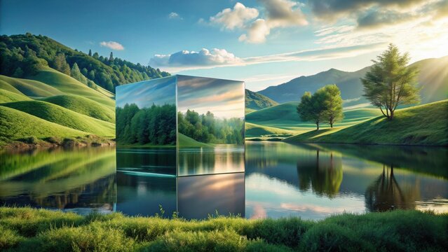 Reflective Cube in Serene Lakeside Landscape, Mirroring Rolling Hills and Verdant Trees at Dawn