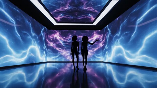 Two silhouettes in a cosmic room