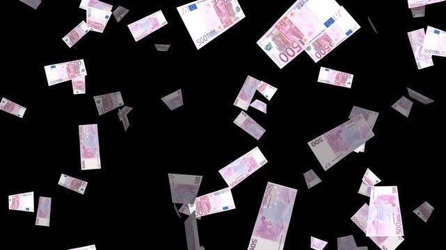 3d Euro money 500 Euros banknotes falling isolated alpha channel loopable animation, economy and business, stock market exchange social media motion design element