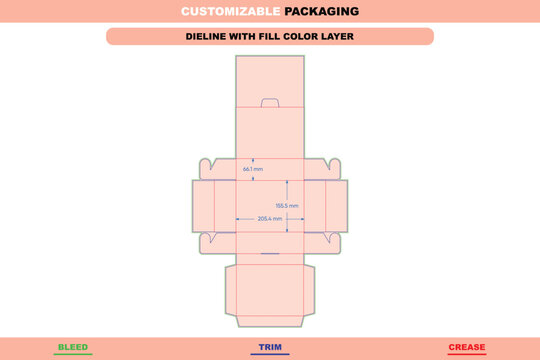 Flip box dieline template with interlocking buckles, featuring a peach-colored fill, green bleed lines, blue trim lines, and red crease lines