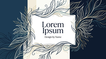 Elegant floral background with handdrawn leaves, dark blue and cream color palette, luxury botanical frame for wedding invitation or greeting card © S.Siam