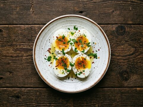 Four Halved Soft Boiled Eggs with Parsley and Spices on a Rustic Wooden Table