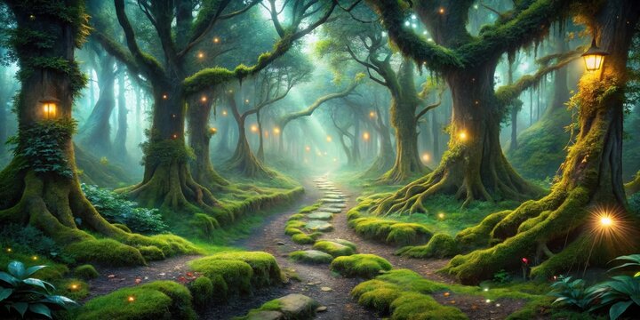 Enchanted Forest Path A Mystical Journey Through Glowing Trees and Mossy Stones