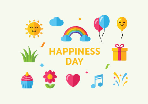 A colorful illustration celebrating happiness with various icons